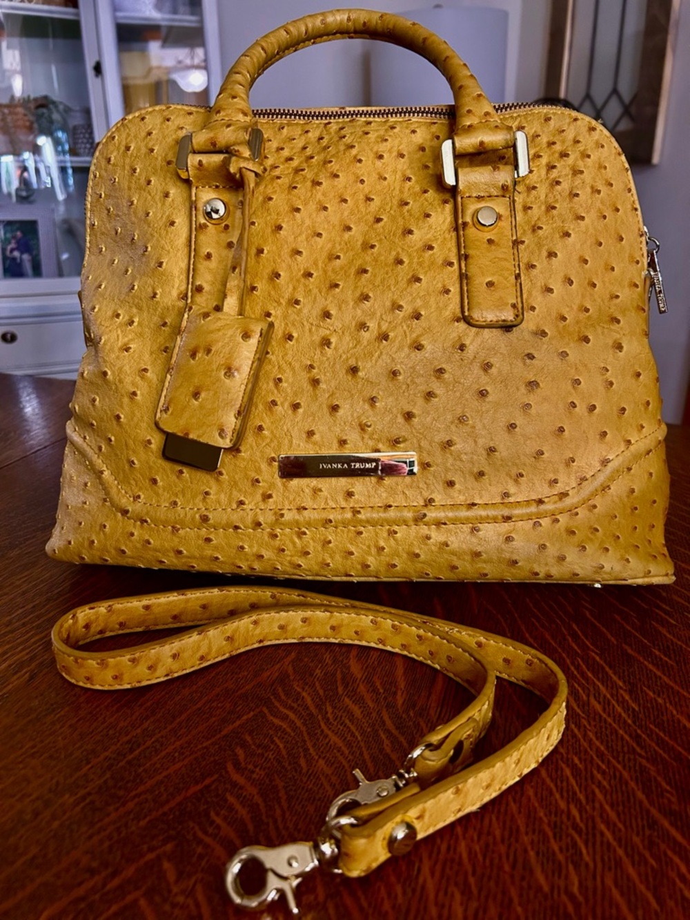 Ivanka Trump Ostrich-Effect Mustard Satchel with Detachable Strap
